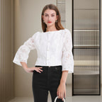 DINADD®️ Damen Bluse mit Puffärmeln - Croptop im Jacquard-Stil