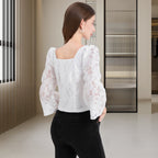 DINADD®️ Damen Bluse mit Puffärmeln - Croptop im Jacquard-Stil