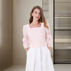 DINADD®️ Damen Bluse mit Puffärmeln - Croptop im Jacquard-Stil