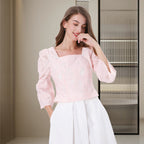 DINADD®️ Damen Bluse mit Puffärmeln - Croptop im Jacquard-Stil
