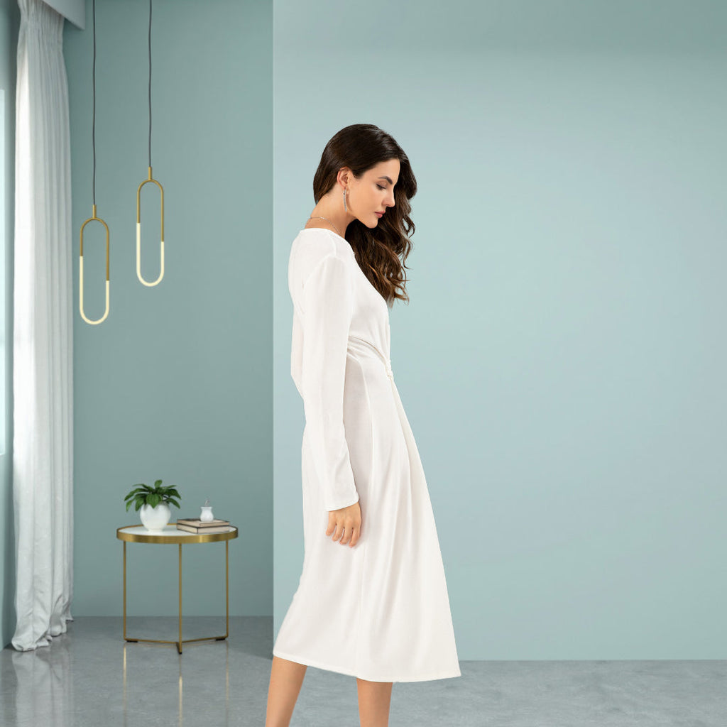 DINADD® V-Ausschnitt Kleid mit kunstvoller Knopfverzierung an der Taille