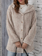 Dickes, flauschiges Streifen-Print-Jacquard-Knopfcardigan mit Kapuze