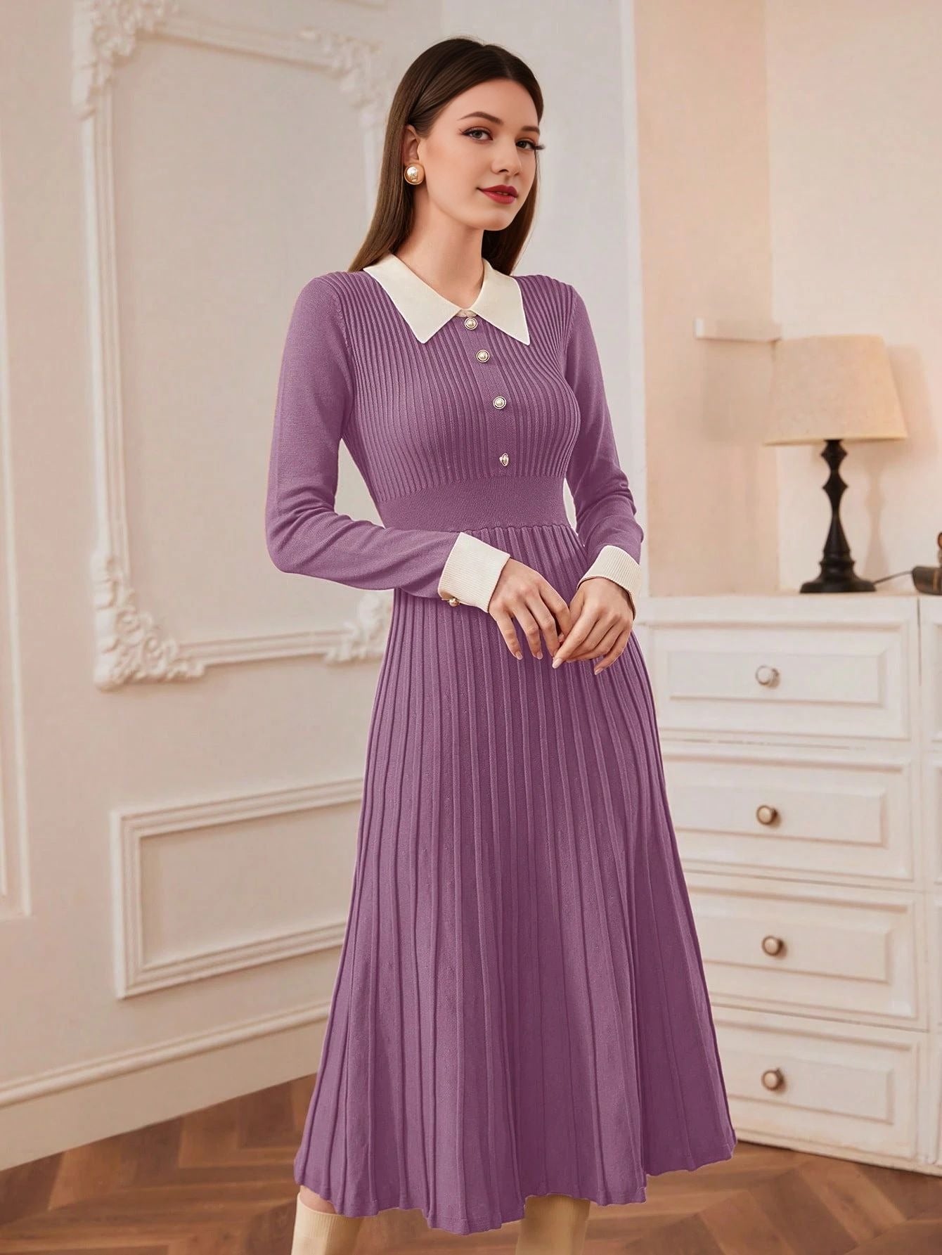 French Vintage Strickkleid im A-Line-Schnitt mit Langarm