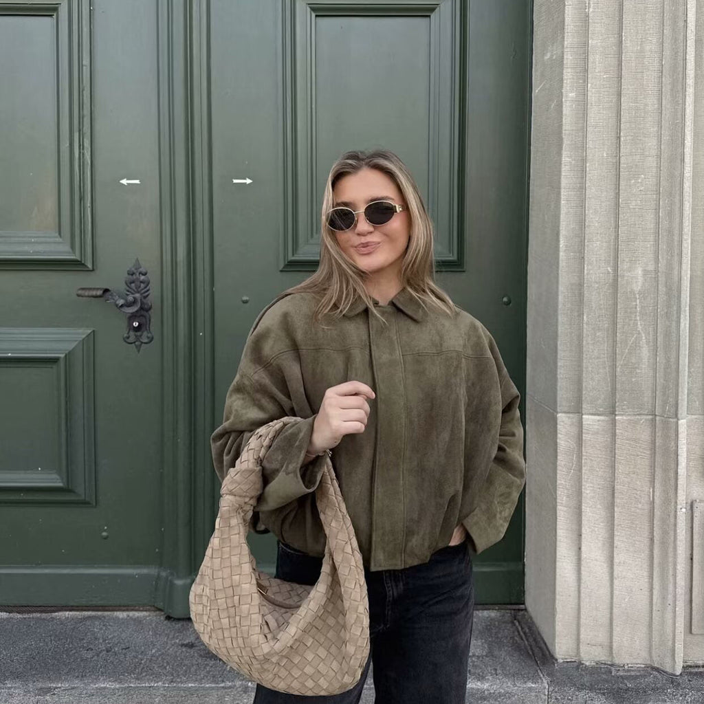 Baseballjacke mit Umlegekragen in Wildlederoptik