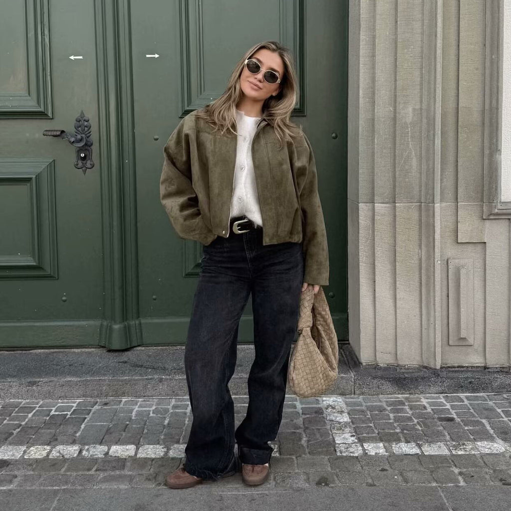 Baseballjacke mit Umlegekragen in Wildlederoptik